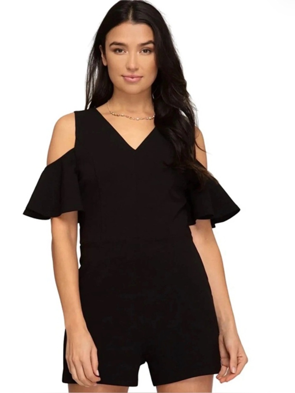 Anthropologie Elevenses Black Cold Shoulder Romper Size 2 Petite